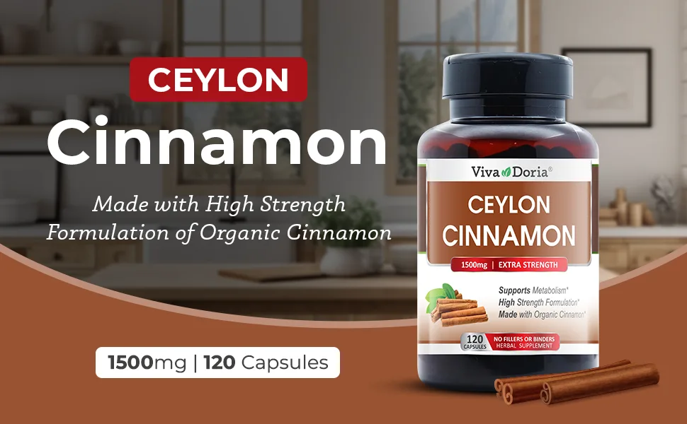 Viva Doria Ceylon Cinnamon, 120 Veggie Capsules, 1500mg Per Serving, Gelatin Free, Made from Organic True Ceylon Cinnamon, 120 Vegetable Capsules - Cinnamon capsules