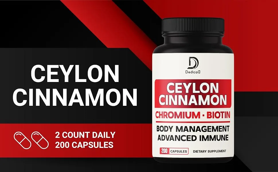 DEDICAD 13in1 Ceylon Cinnamon Capsules - 200 Capsules with Chromium Picolinate, Biotin, Grape Seed, Elderberry & More - De151. Dedicad-Ceylon Cinnamon-1000mg-200caps