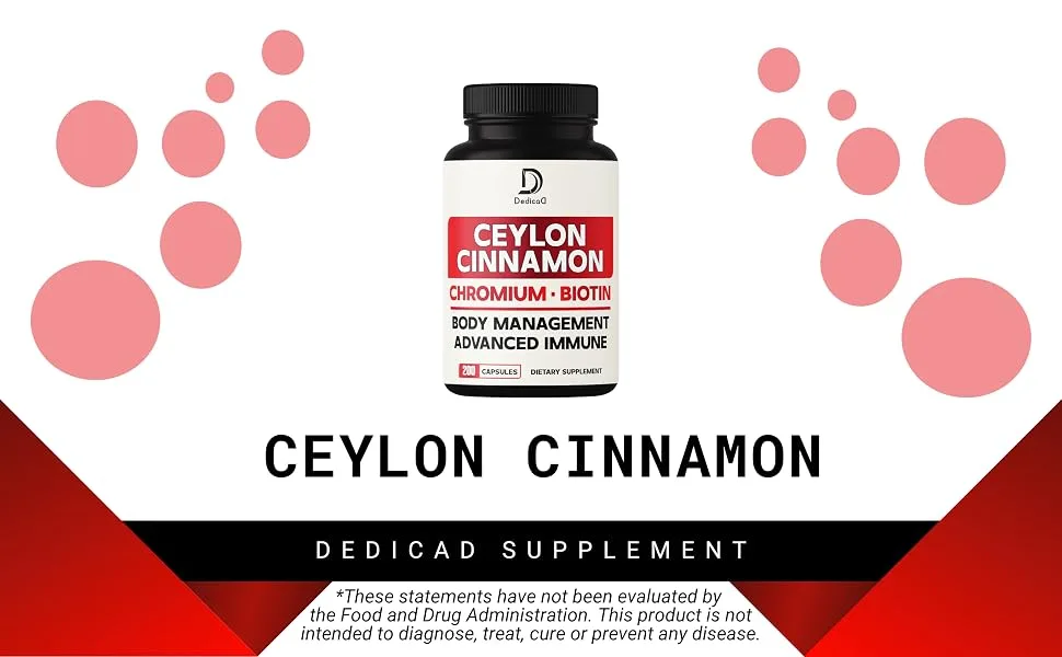 DEDICAD 13in1 Ceylon Cinnamon Capsules - 200 Capsules with Chromium Picolinate, Biotin, Grape Seed, Elderberry & More - De151. Dedicad-Ceylon Cinnamon-1000mg-200caps