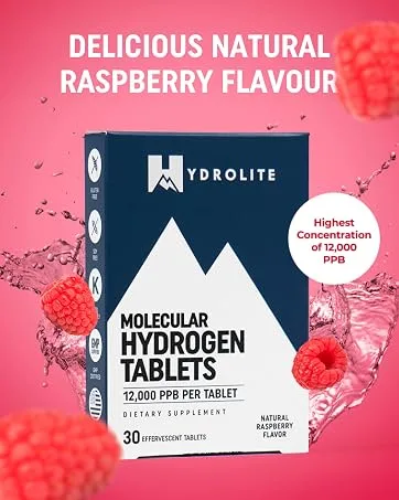 HydroLite Molecular Hydrogen Tablets for Drinking Water with Magnesium | Highest Concentration H2 12,000 PPB | Energy Booster, Enhance Performance & Recovery | Made in USA, 30 Tablets (Raspberry) - HydroLite Molecular Hydrogen Tablets – Ultra-Pure, High-Concentration Hydrogen Water