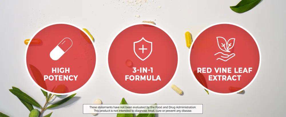 Supersmart Triple Vino Circulation (High Potency) - 3-in-1 Formula - Red Vine Leaf Extract - with Grape Seed & Marc | Vegan & Gluten Free - 60 Veg Capsules - Product Actions High Potency 3-in-1 Formula Red Vine Leaf Extract Capsules Red