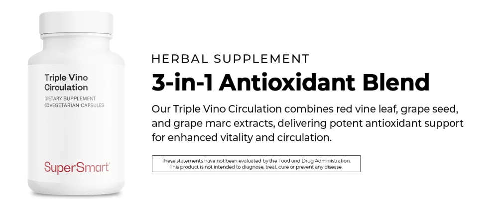 Supersmart Triple Vino Circulation (High Potency) - 3-in-1 Formula - Red Vine Leaf Extract - with Grape Seed & Marc | Vegan & Gluten Free - 60 Veg Capsules - Triple Vino Circulation Herbal Supplement 3-in-1 Antioxidant Blend Red Vine Leaf Grape Seed Marc