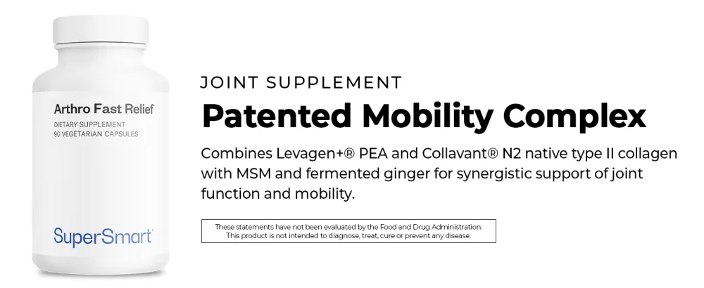 Supersmart Arthro Fast Relief (High Potency) - with MSM, Levagen+ Pea, Collavant N2 Collagen, Fermented Ginger - Joints & Mobility | Gluten Free - 90 Vegetarian Capsules - Arthro Fast Relied Joint Supplement Patented Mobility Complex Levagen+ PEA Collavant N2 Native Type
