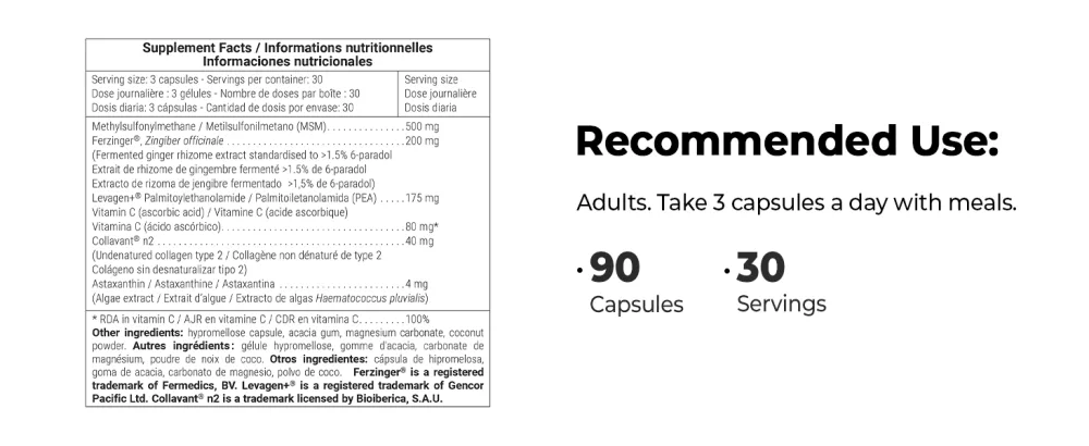 Supersmart Arthro Fast Relief (High Potency) - with MSM, Levagen+ Pea, Collavant N2 Collagen, Fermented Ginger - Joints & Mobility | Gluten Free - 90 Vegetarian Capsules - Supplement Facts Methylsulfonylmethane Ferzinger Rhizoma Levagen+ Vitamin C Collavant N2 Type II