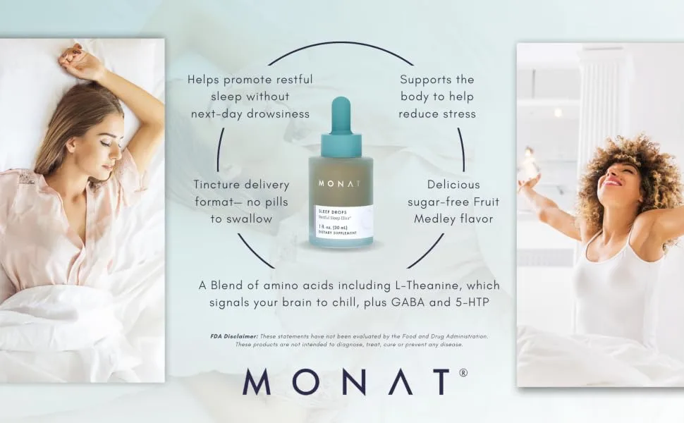 MONAT Sleep Drops Sleep Improvement Product Herbal Support Calming Bedtime Drops for Restorative Relaxation for Stress & Frenetic Life Natural Support Solution - sleep drops benefit