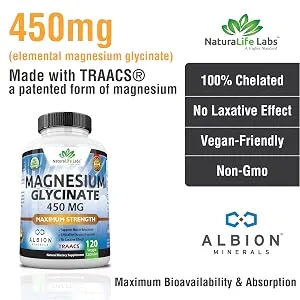 Magnesium Glycinate 450 MG Albion Minerals TRAACS Maximum Bioavailability Chelate No Laxative Effect Vegan Helps Function of Muscles  Bones  Heart Non-GMO - glycinate