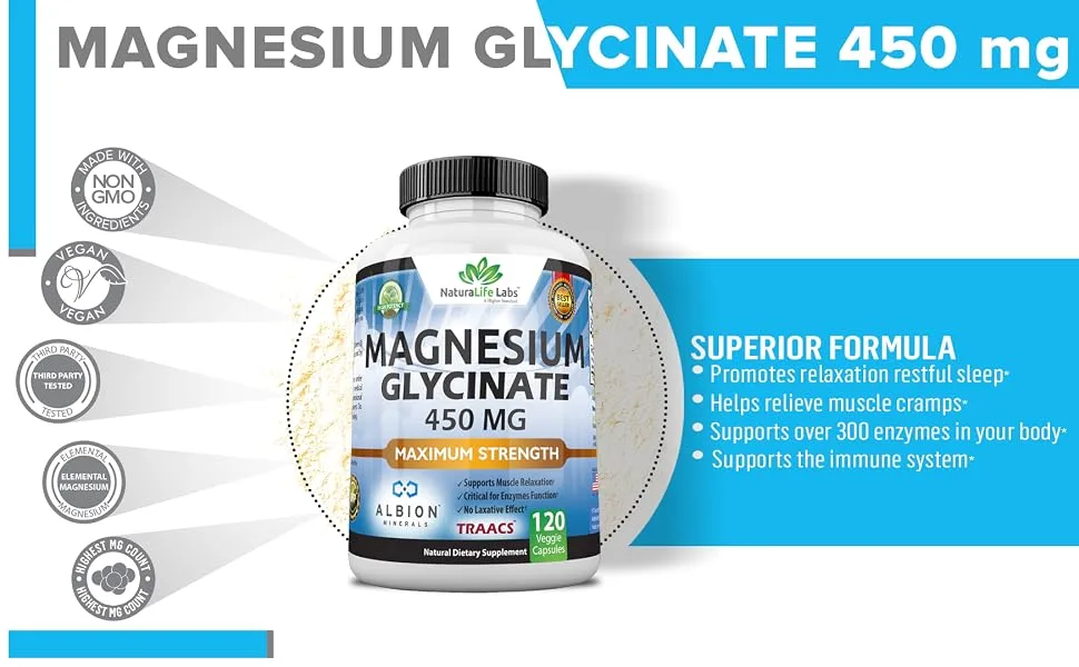 Magnesium Glycinate 450 MG Albion Minerals TRAACS Maximum Bioavailability Chelate No Laxative Effect Vegan Helps Function of Muscles  Bones  Heart Non-GMO - GLYCINATE