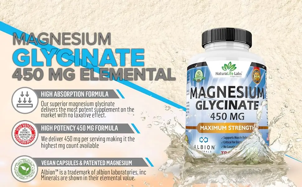 Magnesium Glycinate 450 MG Albion Minerals TRAACS Maximum Bioavailability Chelate No Laxative Effect Vegan Helps Function of Muscles  Bones  Heart Non-GMO - magnesium glycinate