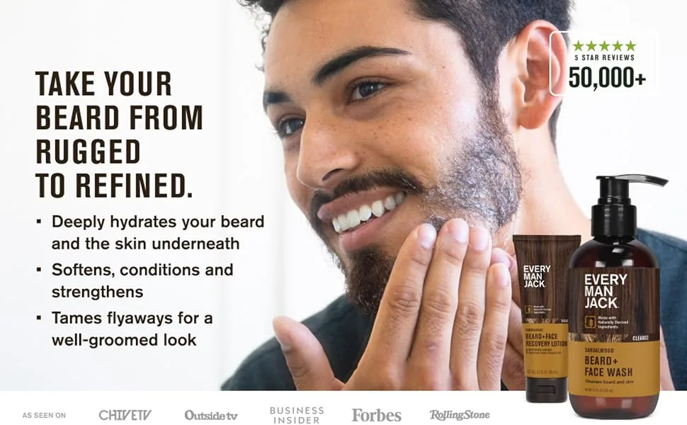 Every Man Jack Men's Beard + Face Wash & Lotion Set - Subtle Sandalwood Scent - Naturally Cleanse and Condition Your Beard & Skin - image