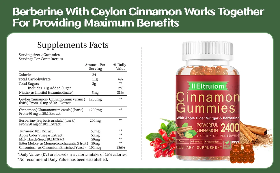 IIEltruiom Cinnamon Supplements, Cinnamon Gummies 2400mg with Berberine, Turmeric, Apple Cider Vinegar, Bitter Melon, Chromium - Vegan, Non-GMO 60 Counts - ceylon cinnamon benefits