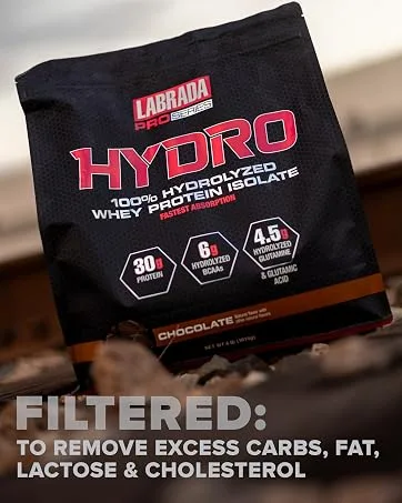 LABRADA Hydro 100% Pure Hydrolyzed Whey Protein Isolate Powder, Lactose Free, Glutamine, Fastest Digesting Whey Available, Instant Mixing, Delicious Taste 47 Servings 4lb (Chocolate) Chocolate 4 Pound (Pack of 1) - Labrada Hydro - Filtered to Remove carbs, fat, lactose and cholesterol