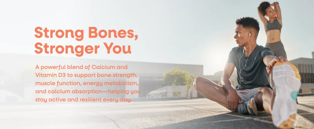 Vegetology Calcium Tablets and Vitamin D3, Chewable Vegan Supplement, Helps Maintain Strong Bones and Support Muscle Function, 60 Count, Age 11+ - Text reads 'Strong Bones, Healthy Future' followed by multi-panel image showing physical activities and outdoor recreation scenes.