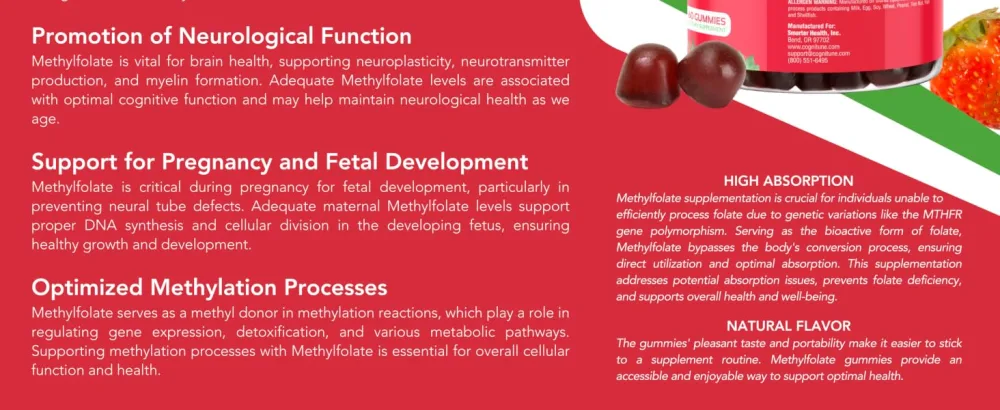 CogniTune L-Methylfolate Gummies 1000mcg - Bioavailable 5-MTHF Folate Supplement for Brain Health - MTHFR Support with Delicious Strawberry Flavor - l methylfolate