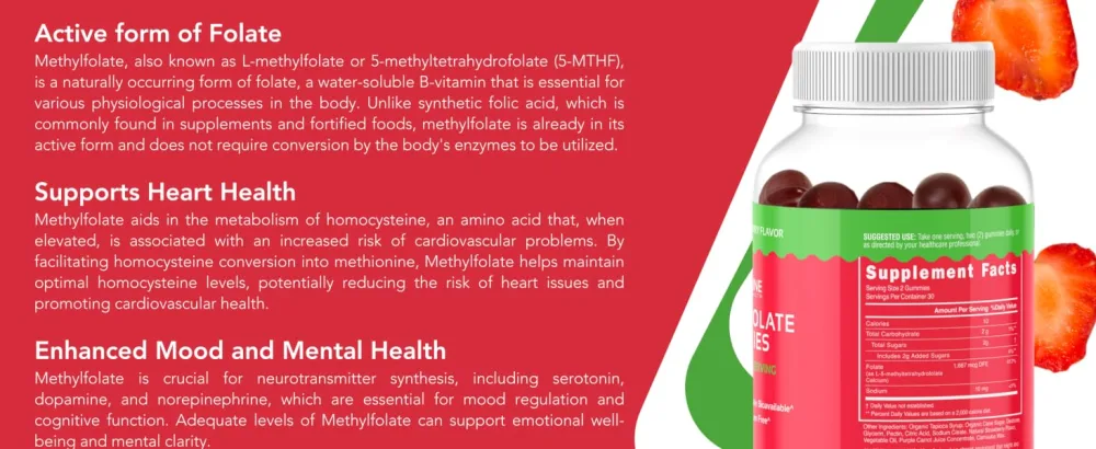 CogniTune L-Methylfolate Gummies 1000mcg - Bioavailable 5-MTHF Folate Supplement for Brain Health - MTHFR Support with Delicious Strawberry Flavor - Methylfolate