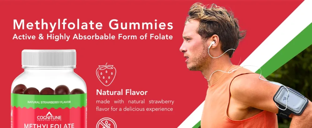 CogniTune L-Methylfolate Gummies 1000mcg - Bioavailable 5-MTHF Folate Supplement for Brain Health - MTHFR Support with Delicious Strawberry Flavor - Methylfolate Gummies