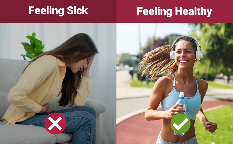 NEW ROOTS HERBAL Grapefruit Seed Extract Drops (1 Fl OZ) + Vitamin C | Super Concentrated Grapefruit Seed Extract Liquid Tincture | Gluten Free, Non-GMO - Contrast image: Feeling Sick (stomach pain) vs. Feeling Healthy (jogging/smiling).