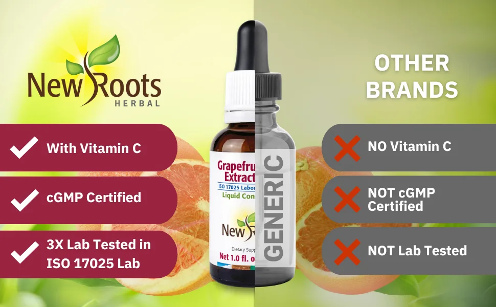 NEW ROOTS HERBAL Grapefruit Seed Extract Drops (1 Fl OZ) + Vitamin C | Super Concentrated Grapefruit Seed Extract Liquid Tincture | Gluten Free, Non-GMO - Grapefruit Seed Extract Plus: Includes Vitamin C, cGMP Certified, and ISO Tested.