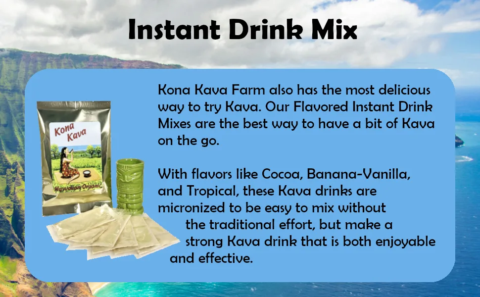 Kona Kava Farm Basic Kava Kava Starter Kit for Two - Instant Drink Mix comes in Cocoa, Banana-Vanilla, and Tropical flavors and mixes easily.