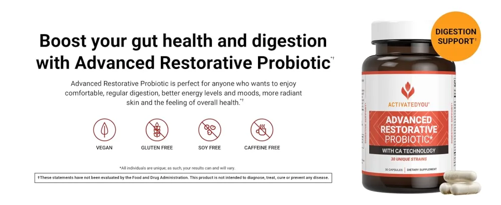 ACTIVATEDYOU Advanced Restorative Probiotic for Daily Use- 30 Strain Digestive Gut Health & Immune Function Support- Acidophilus Supplement for Radiant-Looking Skin (30 Capsules) - advanced restorative premium