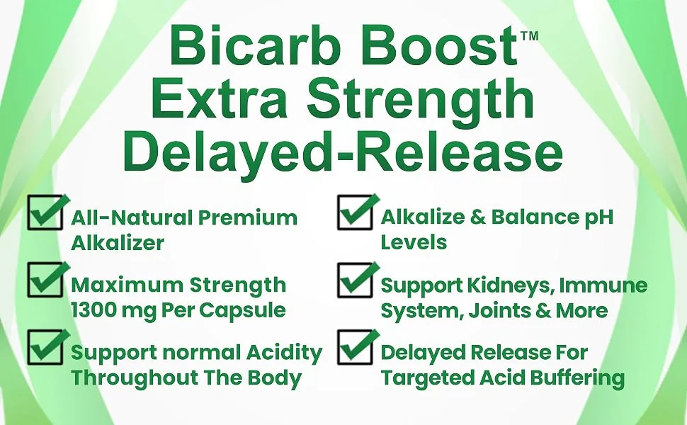 Bicarb Boost Sodium Bicarbonate Capsules Extra Strength 1300mg Organic Use Delayed-Release Sodium Bicarbonate Tablet, Kidney, Alkalinity, Health, Pure Baking Soda Tablet 120 Sodium Pills - sodium bicarbonate capsules