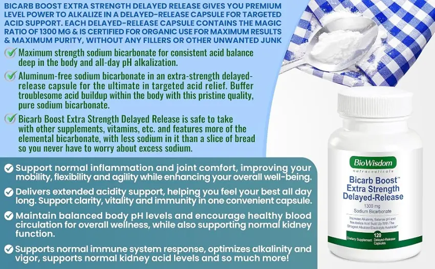 Bicarb Boost Sodium Bicarbonate Capsules Extra Strength 1300mg Organic Use Delayed-Release Sodium Bicarbonate Tablet, Kidney, Alkalinity, Health, Pure Baking Soda Tablet 120 Sodium Pills - sodium pills