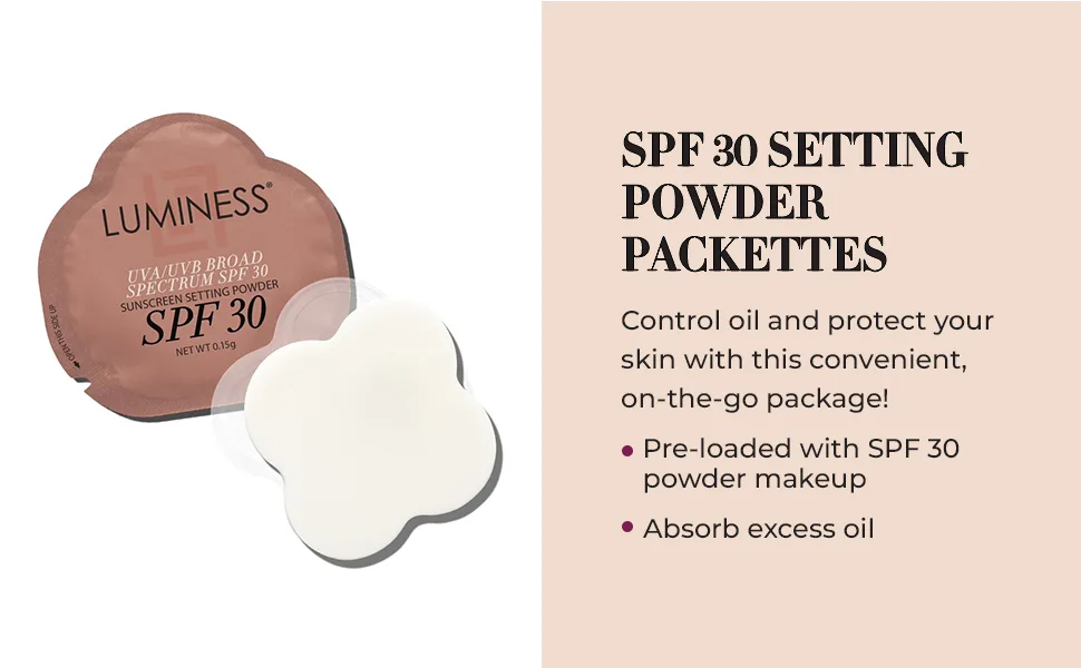 LUMINESS Sunscreen Setting Powder Packets, SPF 30, 18 Pack - UVA/UVB Broad Spectrum Protection - Non-Greasy & Non-Irritating for All Skin Types - Travel-Friendly Single-Use & Portable Packets - Sensitive Sunscree Suntan Buddy Friendly Blue Mineral Bum Tattoo Think 50 75 100 30 25