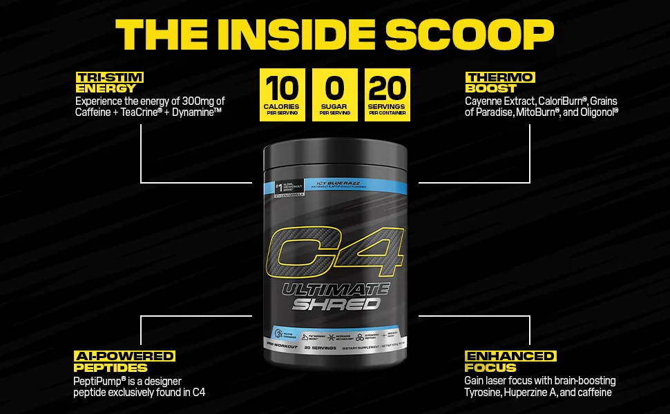 Cellucor C4 Ultimate Shred Pre Workout Powder, Metabolism Supplement with Cayenne Extract+300mg Caffeine+TeaCrine+Dynamine - Pink Lemonade, 20 Servings - inside scoop