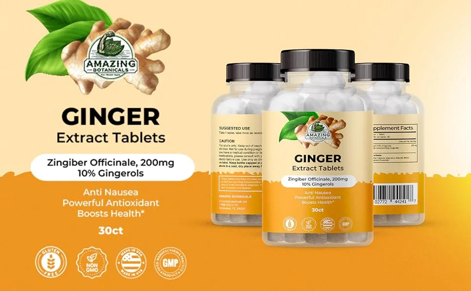 Amazing Botanicals Ginger Root Extract Tablets 200 mg - 10% Gingerols, 20 mg per Tablet, 30 Tablets - ginger extract tablets