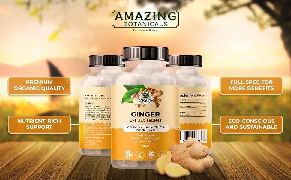 Amazing Botanicals Ginger Root Extract Tablets 200 mg - 10% Gingerols, 20 mg per Tablet, 30 Tablets - ginger extract tablets