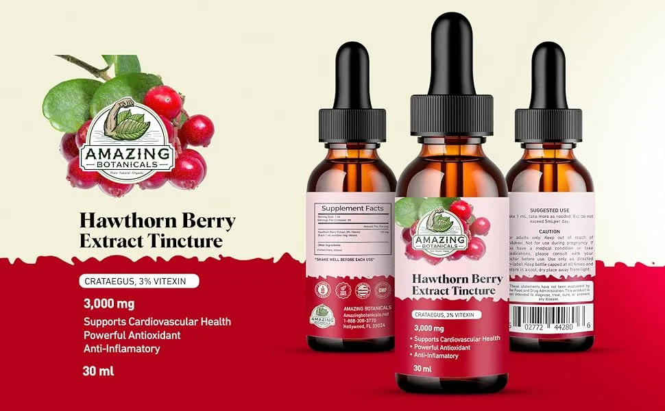 Amazing Botanicals Hawthorn Berry Extract Tincture - 100mg per Serving - Organic Immune Support & Wellness Supplement | 30ml/1oz - hawthorn berry tincture