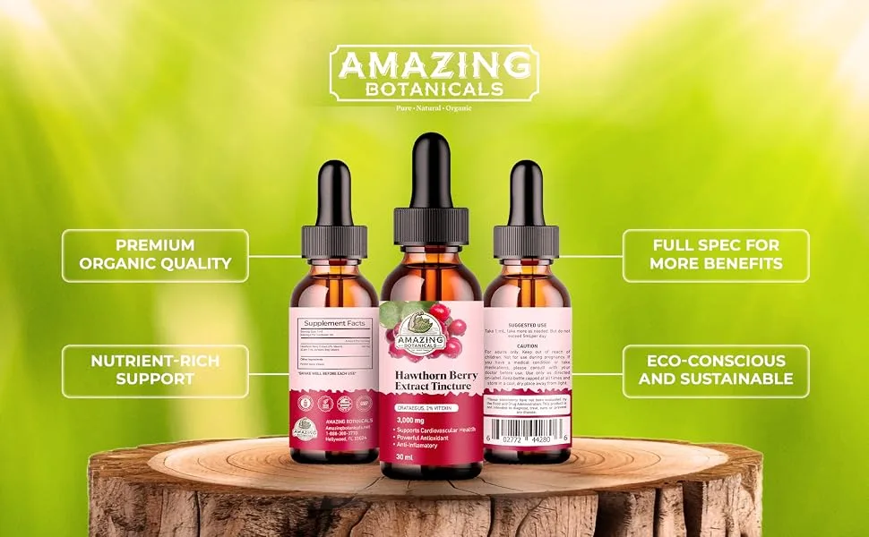 Amazing Botanicals Hawthorn Berry Extract Tincture - 100mg per Serving - Organic Immune Support & Wellness Supplement | 30ml/1oz - hawthorn berry tincture