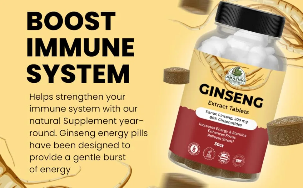 Amazing Botanicals Panax Ginseng Extract Tablets - 200mg Highly Potent 80% Ginsenosides for Energy & Relaxation - Natural Herbal Supplement for Cognitive Booster - 30 Tablets - ginseng maximum effectiveness