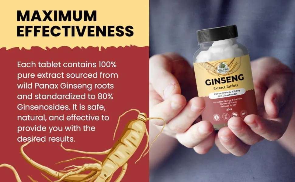 Amazing Botanicals Panax Ginseng Extract Tablets - 200mg Highly Potent 80% Ginsenosides for Energy & Relaxation - Natural Herbal Supplement for Cognitive Booster - 30 Tablets - giseng maximum effectiveness