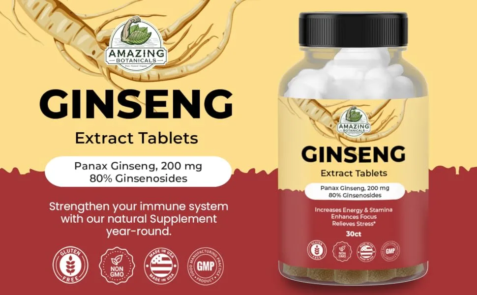 Amazing Botanicals Panax Ginseng Extract Tablets - 200mg Highly Potent 80% Ginsenosides for Energy & Relaxation - Natural Herbal Supplement for Cognitive Booster - 30 Tablets - panax ginseng tablets