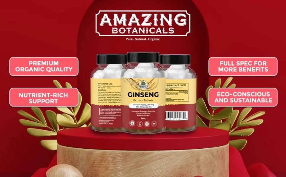 Amazing Botanicals Panax Ginseng Extract Tablets - 200mg Highly Potent 80% Ginsenosides for Energy & Relaxation - Natural Herbal Supplement for Cognitive Booster - 30 Tablets - panax ginseng tablets