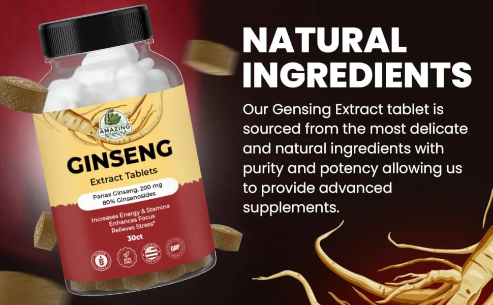 Amazing Botanicals Panax Ginseng Extract Tablets - 200mg Highly Potent 80% Ginsenosides for Energy & Relaxation - Natural Herbal Supplement for Cognitive Booster - 30 Tablets - panax ginseng tablets