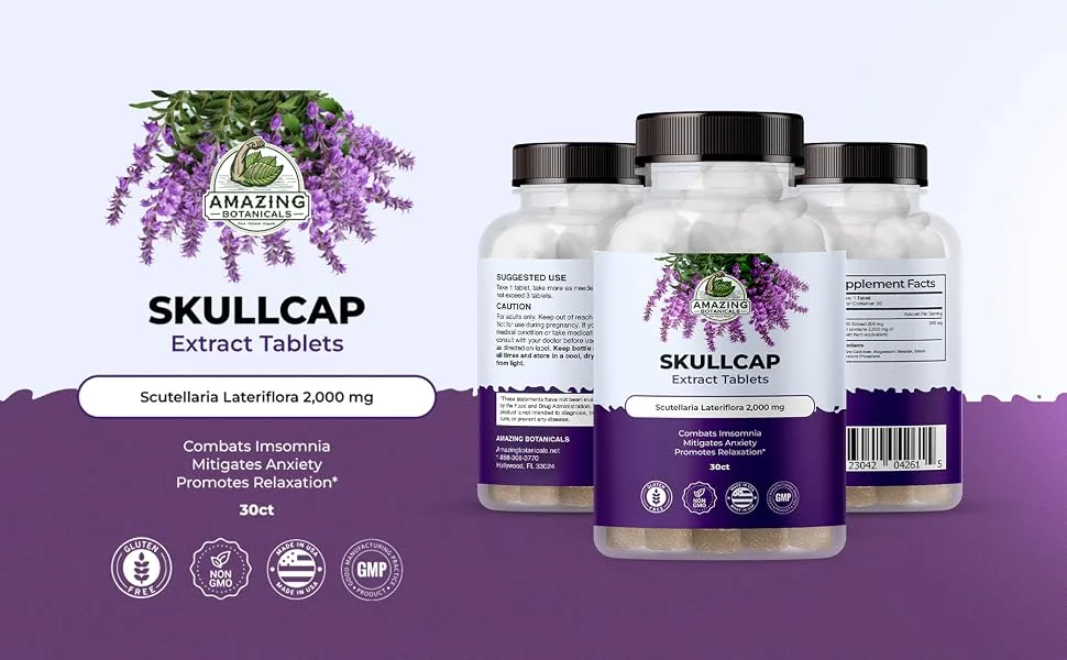 Amazing Botanicals Skullcap 10X Extract Tablets 2,000 mg - High Potency Herbal Supplement for Relaxation and Wellness - 30 Tablets - skullcap extract tablets