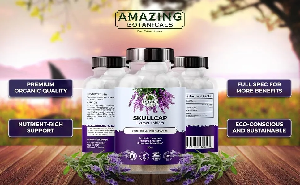 Amazing Botanicals Skullcap 10X Extract Tablets 2,000 mg - High Potency Herbal Supplement for Relaxation and Wellness - 30 Tablets - skullcap extract tablets