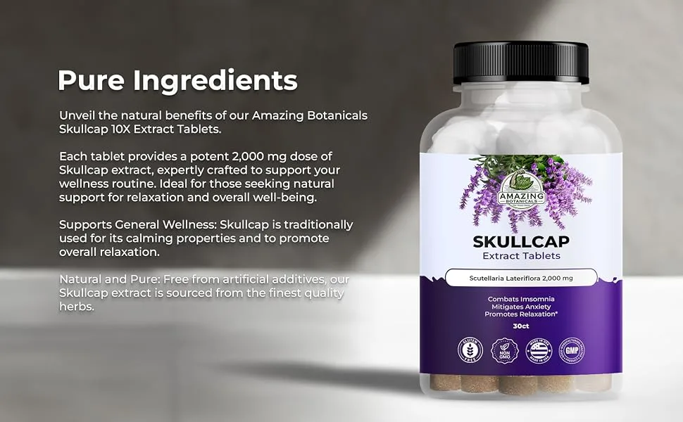 Amazing Botanicals Skullcap 10X Extract Tablets 2,000 mg - High Potency Herbal Supplement for Relaxation and Wellness - 30 Tablets - skullcap extract tablets