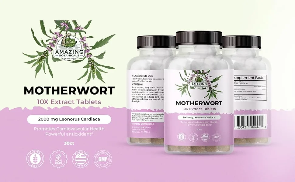 Amazing Botanicals Motherwort 10X Extract Tablets 2,000 mg - High Potency Herbal Supplement for Wellness and Vitality - 30 Tablets - Motherwort Extract Tablets