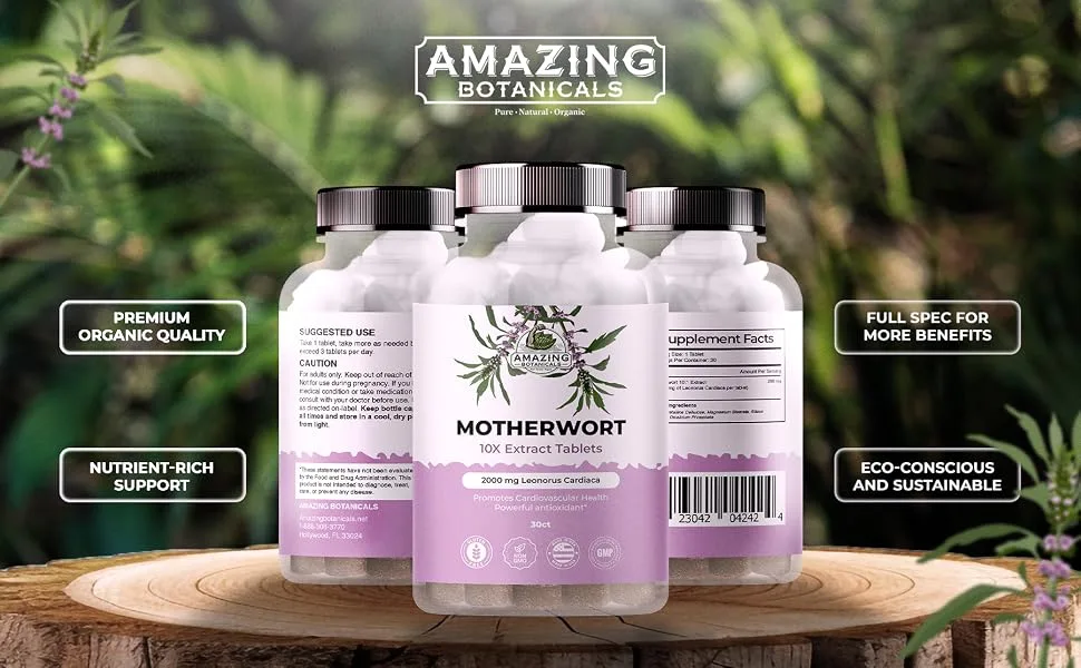 Amazing Botanicals Motherwort 10X Extract Tablets 2,000 mg - High Potency Herbal Supplement for Wellness and Vitality - 30 Tablets - Motherwort Extract Tablets