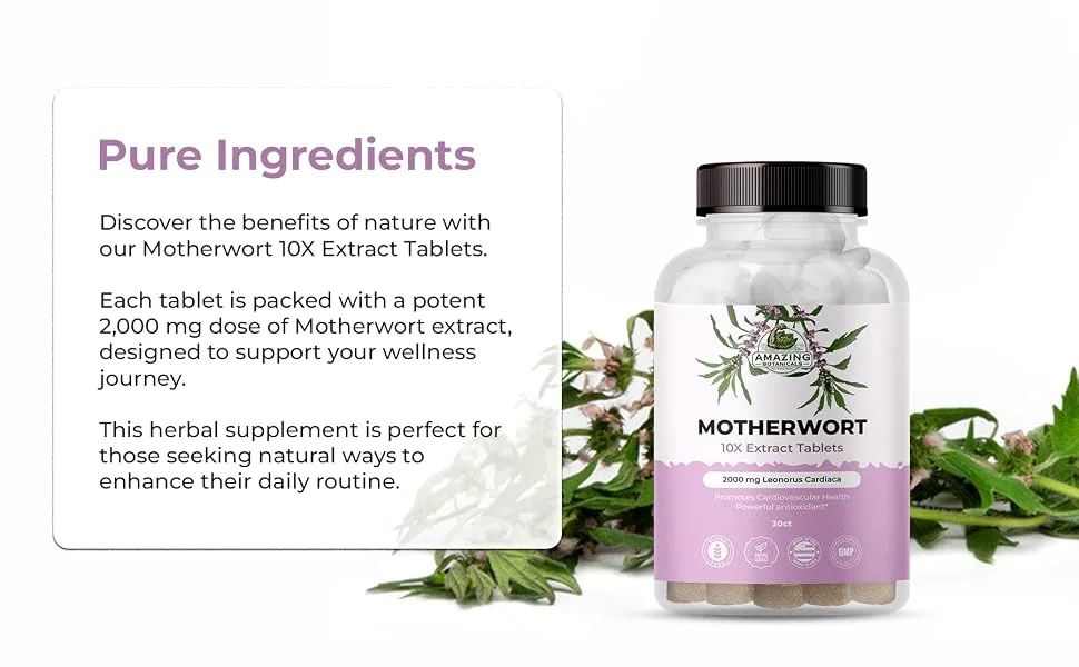 Amazing Botanicals Motherwort 10X Extract Tablets 2,000 mg - High Potency Herbal Supplement for Wellness and Vitality - 30 Tablets - Motherwort Extract Tablets