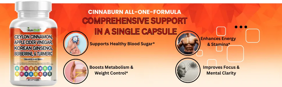 Kun Shafi Ceylon Cinnamon Complex with Berberine Apple Cider Vinegar Plus Bitter Melon Gymnema Ginseng Chromium & Turmeric Milk Thistle 60 Ct - Cinnaburn