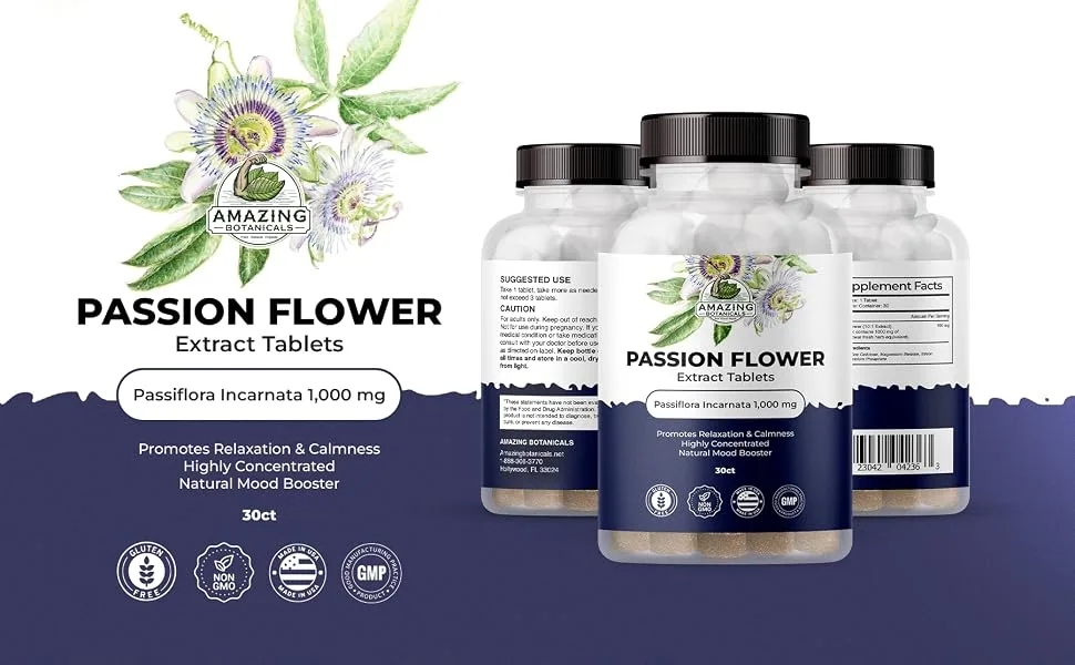 Amazing Botanicals Passionflower Tablets High Potency 10X Extract Tablets 10mg per Serving | Passiflora Incarnata | Boosts Mood & Promotes Relaxation, 30 Tablets - passionflower extract tablets