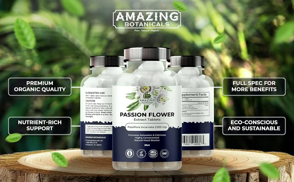 Amazing Botanicals Passionflower Tablets High Potency 10X Extract Tablets 10mg per Serving | Passiflora Incarnata | Boosts Mood & Promotes Relaxation, 30 Tablets - passionflower extract tablets