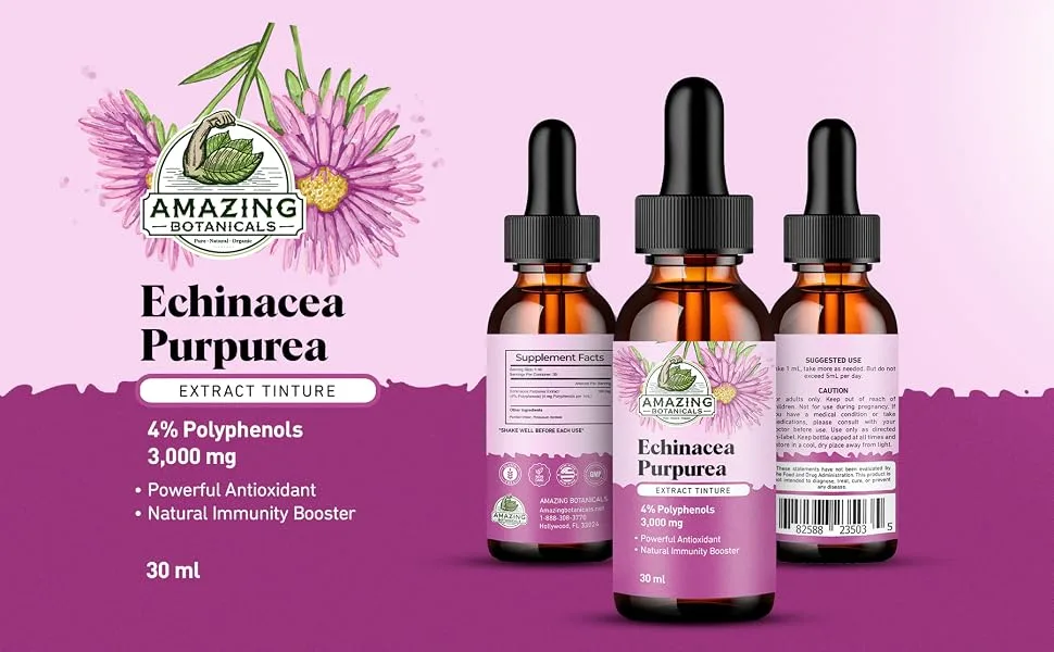Amazing Botanicals Echinacea Purpurea Extract Tincture - 3,000mg Herbal Liquid Supplement Extract for Immune System Support - High Strength Formula with Natural Antioxidant for Overall Wellbeing - echinacea purpurea extract tincture
