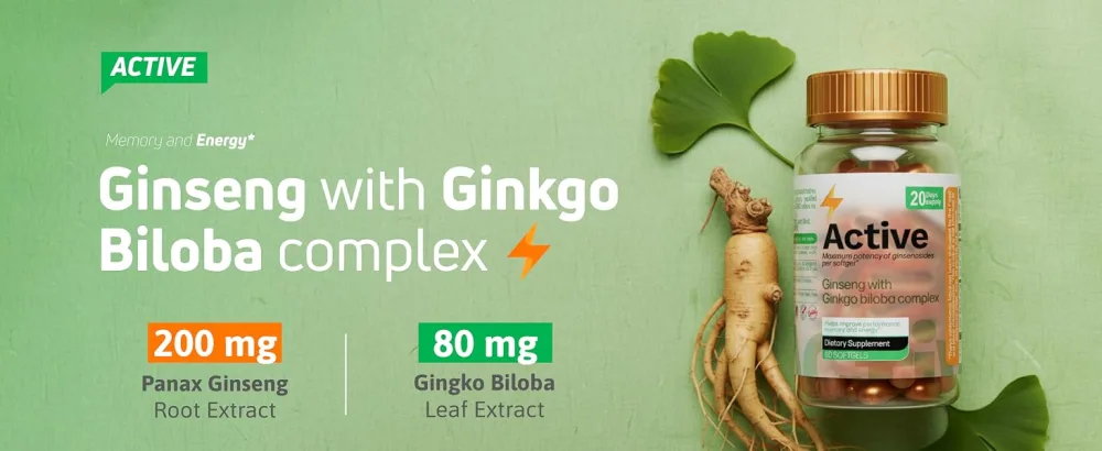 Nutra Nutrition Panax Ginseng & Ginkgo Biloba Supplement 200 mg Ginseng + 80 mg Ginkgo 60 Softgels Energy & Focus Support - ACTIVE