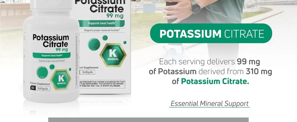 Potassium Citrate Supplement 99 mg Potassium per Softgel for Electrolyte Balance & Muscle Function 60 Softgels - Potassium Citrate 99mg