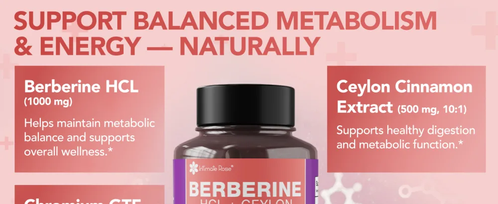 Intimate Rose Berberine with Ceylon Cinnamon & Chromium Supplement - 1500mg Complex for Blood Sugar & Immune System Support, 90 Capsules - Berberine with Ceylon Cinnamon