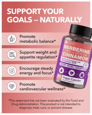 Intimate Rose Berberine with Ceylon Cinnamon & Chromium Supplement - 1500mg Complex for Blood Sugar & Immune System Support, 90 Capsules - Berberine with Ceylon Cinnamon